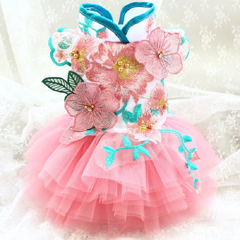 Light Silk Embroidery Floral Tulle Dress - Dog Cat - (Pink) - (S-XXL) - (While Supplies Last)