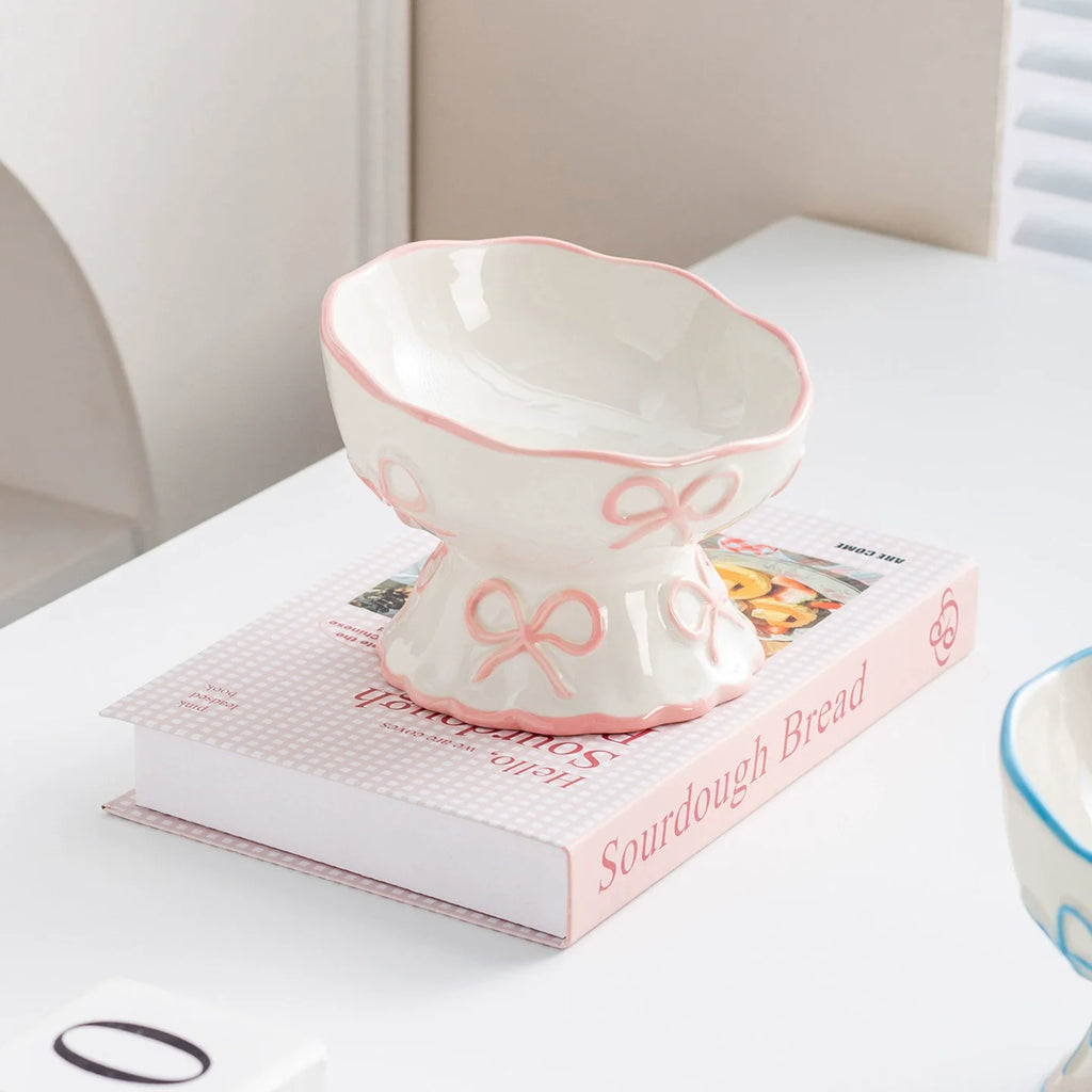 Elevated White Ceramic Bowl with Bow Accent - Dog Cat - (Blue, Pink) - (While Supplies Last)