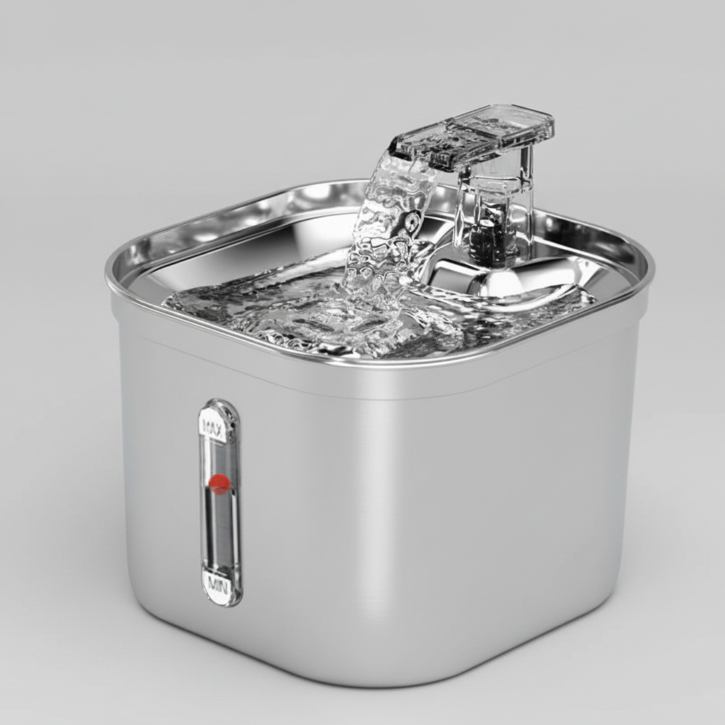 Quiet Circulating Water Fountain Bowl, Includes, Pump, Filter, Adapter -Dog Cat -  (Stainless Steel)