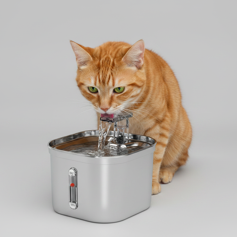 Quiet Circulating Water Fountain Bowl, Includes, Pump, Filter, Adapter -Dog Cat -  (Stainless Steel)
