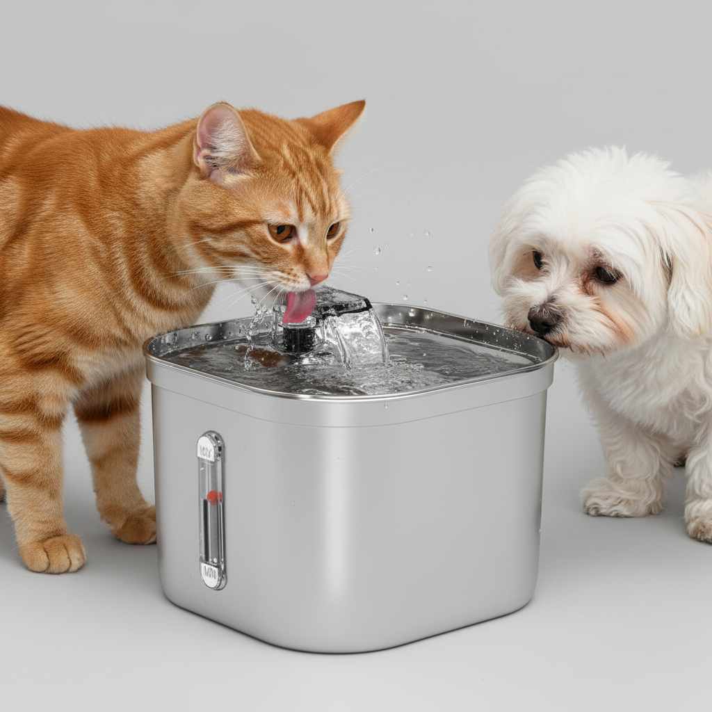 Quiet Circulating Water Fountain Bowl, Includes, Pump, Filter, Adapter -Dog Cat -  (Stainless Steel)