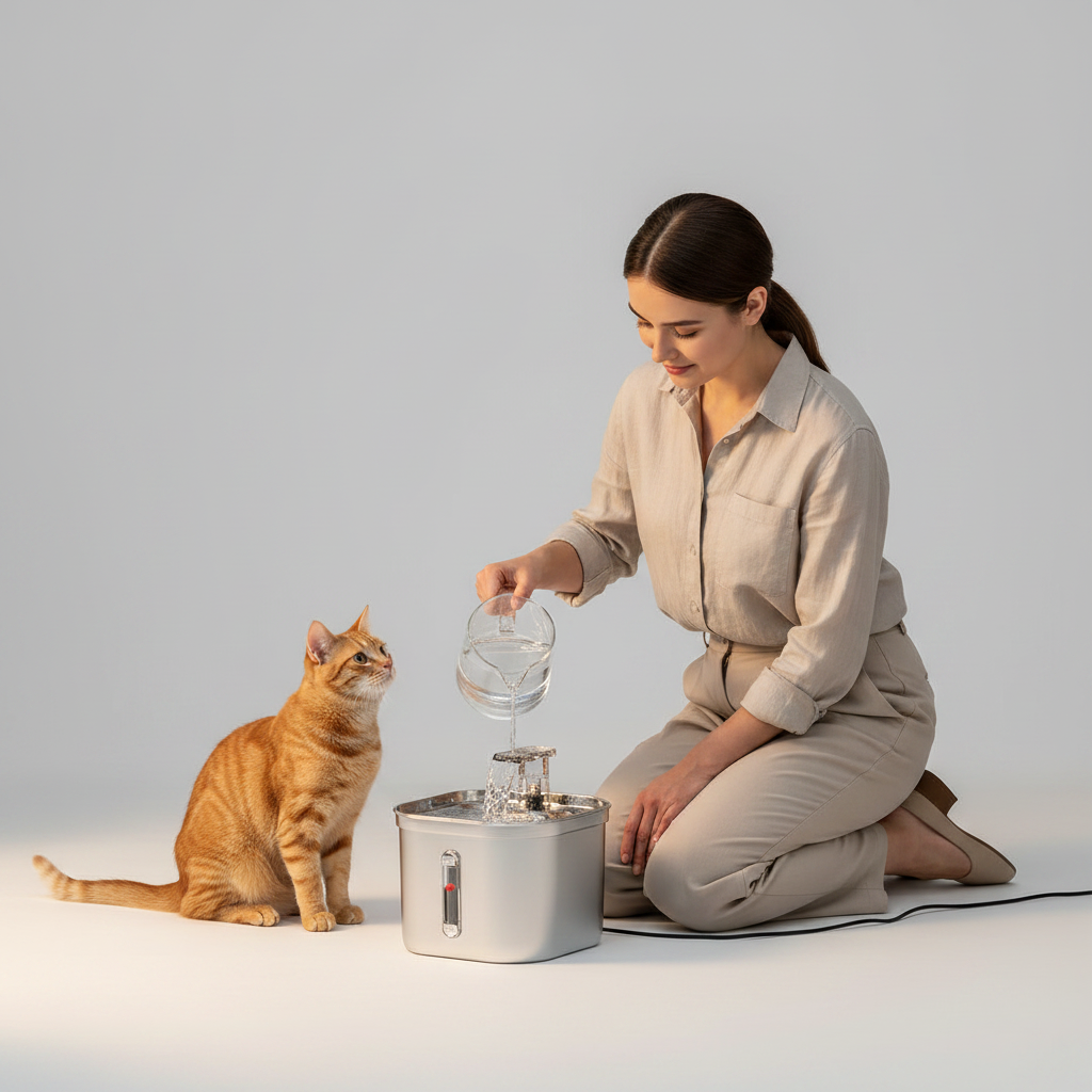 Quiet Circulating Water Fountain Bowl, Includes, Pump, Filter, Adapter -Dog Cat -  (Stainless Steel)