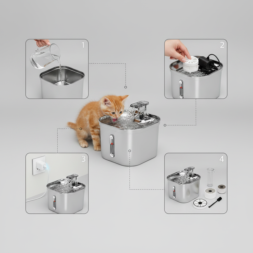Quiet Circulating Water Fountain Bowl, Includes, Pump, Filter, Adapter -Dog Cat -  (Stainless Steel)