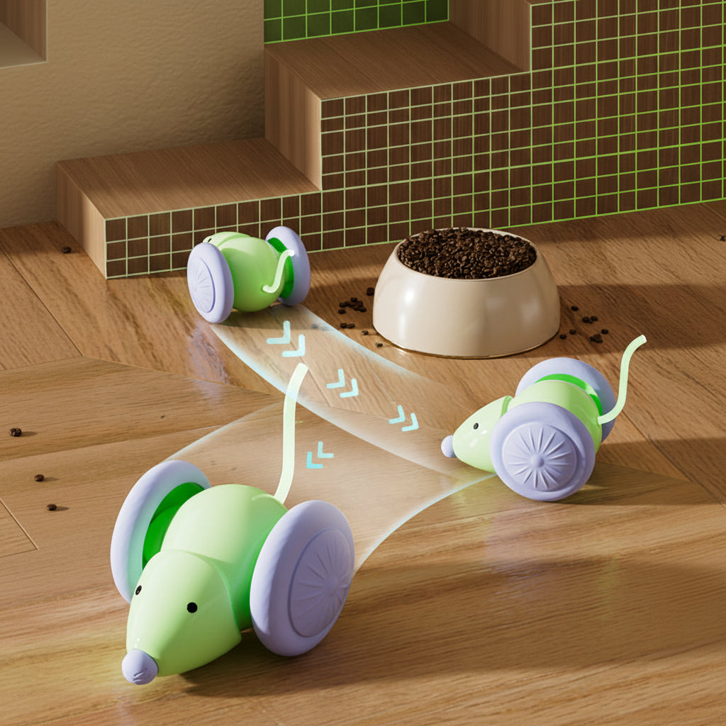 Interactive Mouse with Tail Wagging Toy - Cat - (USB Charged) - (Green, White)