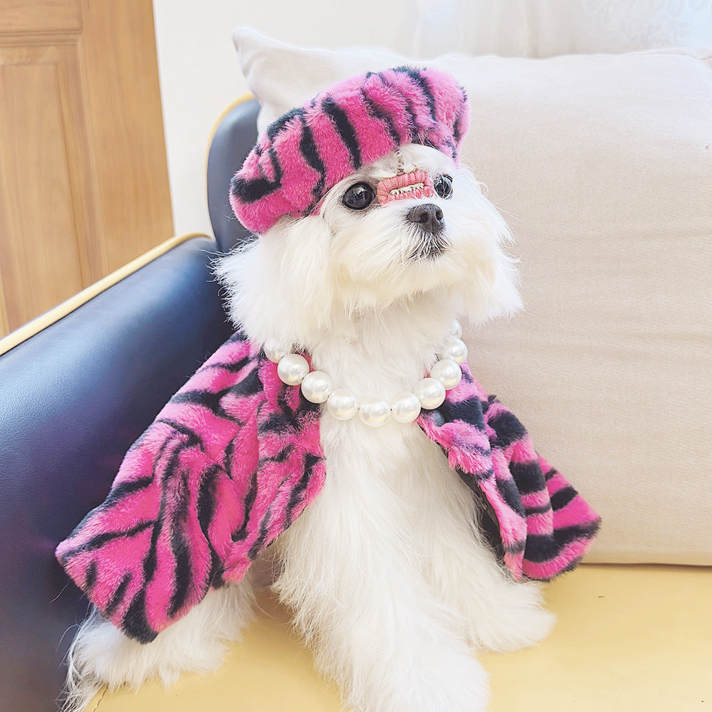 Plush Faux Fur Zebra Print Coat with Hat - Dog (S-XL) - (White, Hot Pink)  - (While Supplies Last)