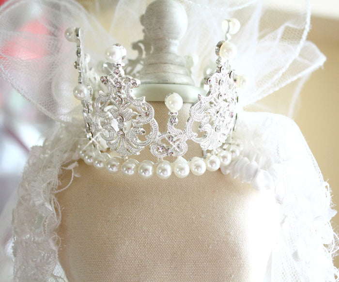 2-pc Set - Luxury Bridal Veil with Pearl Tiara Crown - Dog Cat - (S, L) - (White) - (While Supplies Last)