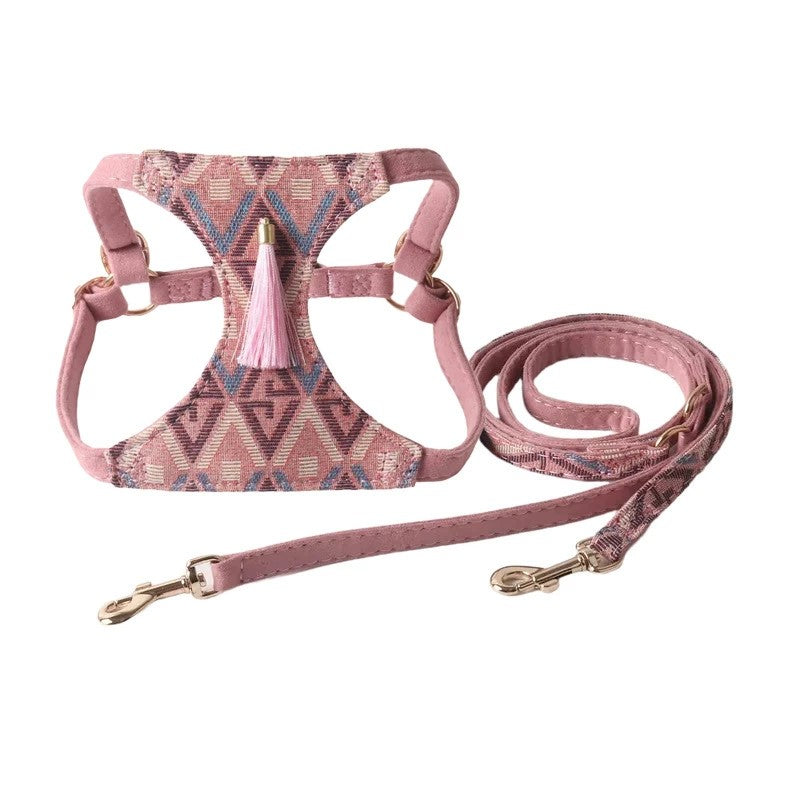Adjustable Geometric Tribal Design Harness and Leash Set - (Pink, Beige) - (2XS-M) - Dog -  (While Supplies Last)