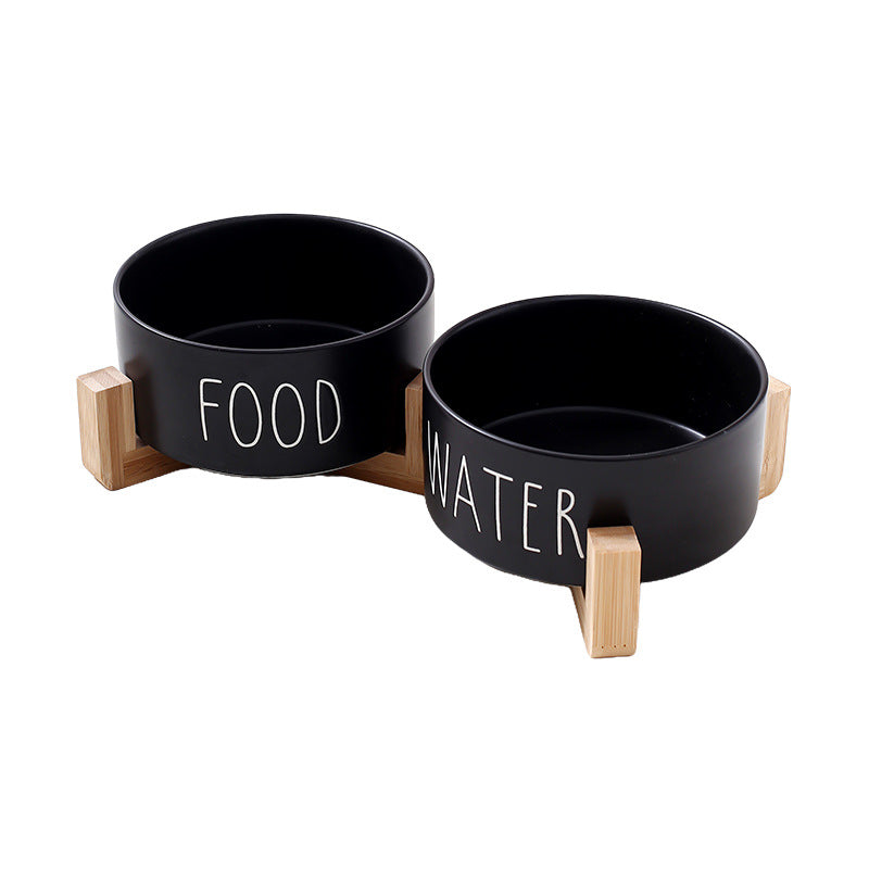 2 Ceramic Bowls for Water & Food with a Wood Base - Dog Cat - (Black Bowls) - (While Supplies Last)