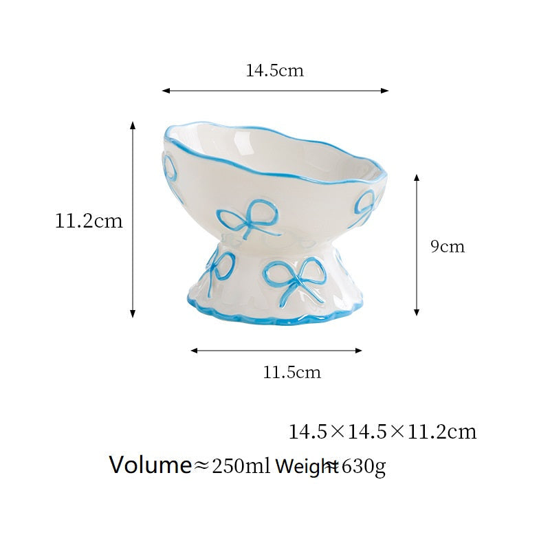 Elevated White Ceramic Bowl with Bow Accent - Dog Cat - (Blue, Pink) - (While Supplies Last)