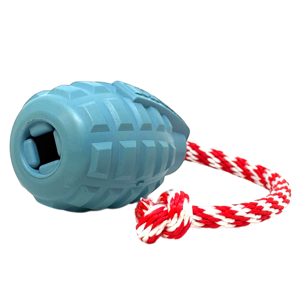 USA-K9 Grenade Shaped Rubber Tug Toy -  Dog -  (M, L) - (Treat Dispenser) - (Blue, Red) - (While Supplies Last)