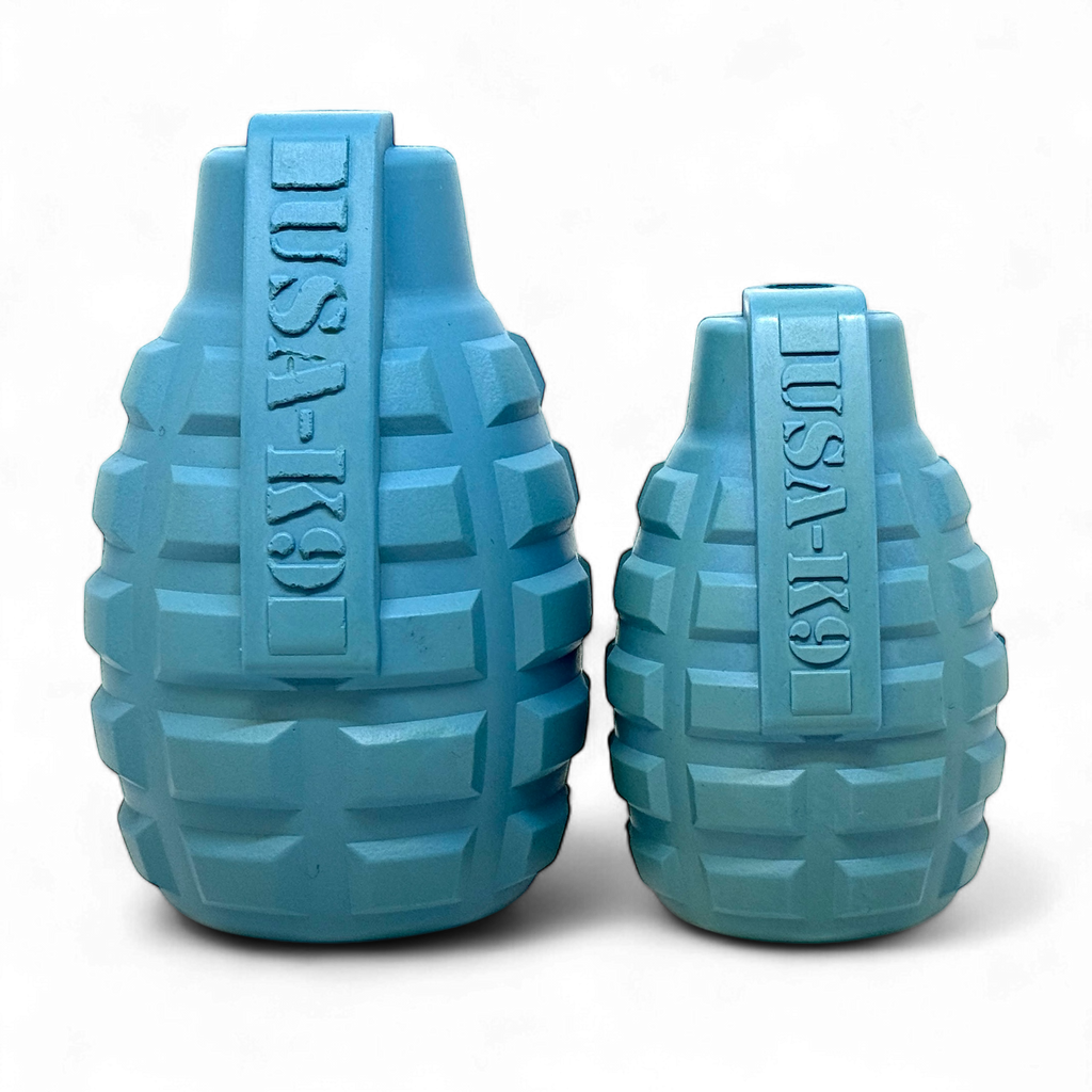 USA-K9 Grenade Shaped Rubber Tug Toy -  Dog -  (M, L) - (Treat Dispenser) - (Blue, Red) - (While Supplies Last)