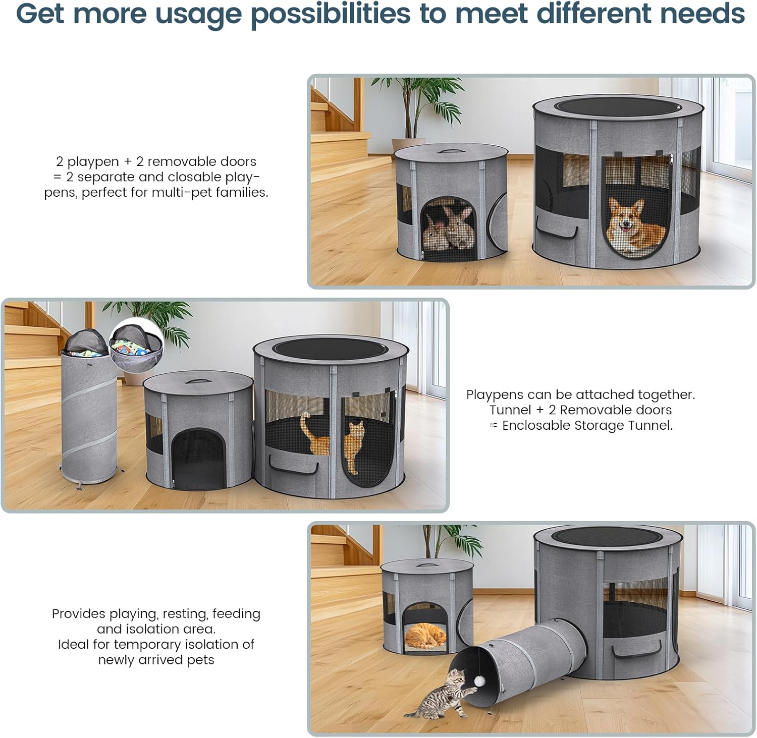 Portable Pet Playpen with Tunnel Foldable 3-in-1 Indoor Outdoor Small Pet & Cats