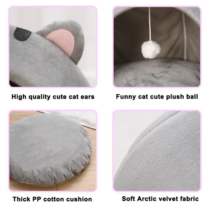 Cute and Cozy Cat Shaped Bed Includes Interactive Toy - Cat  - (S,M, Big) - (Grey) - (While Supplies Last)