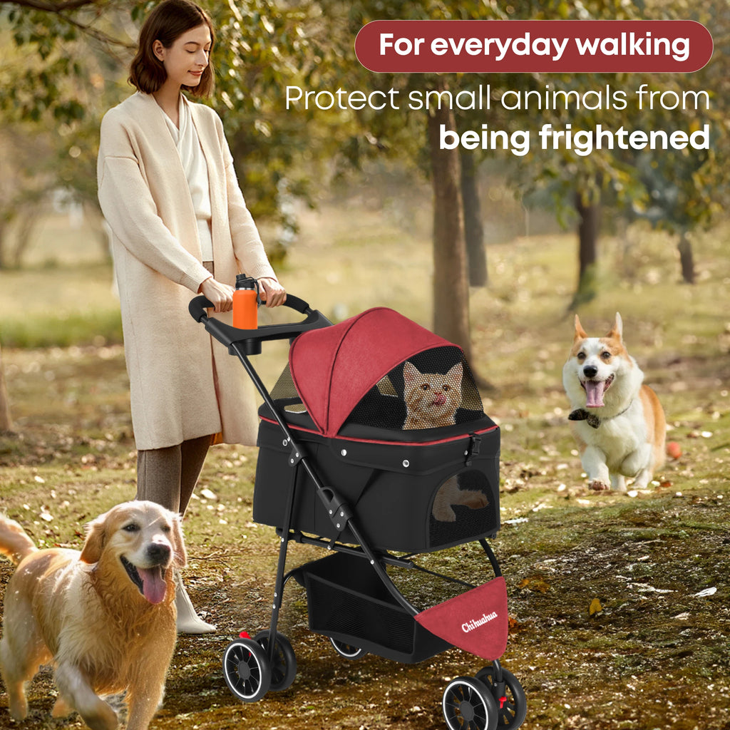 3 Wheels Pet Stroller and Carrier with Mesh Canopy - Dog Cat - (6 Color Options) - (M)