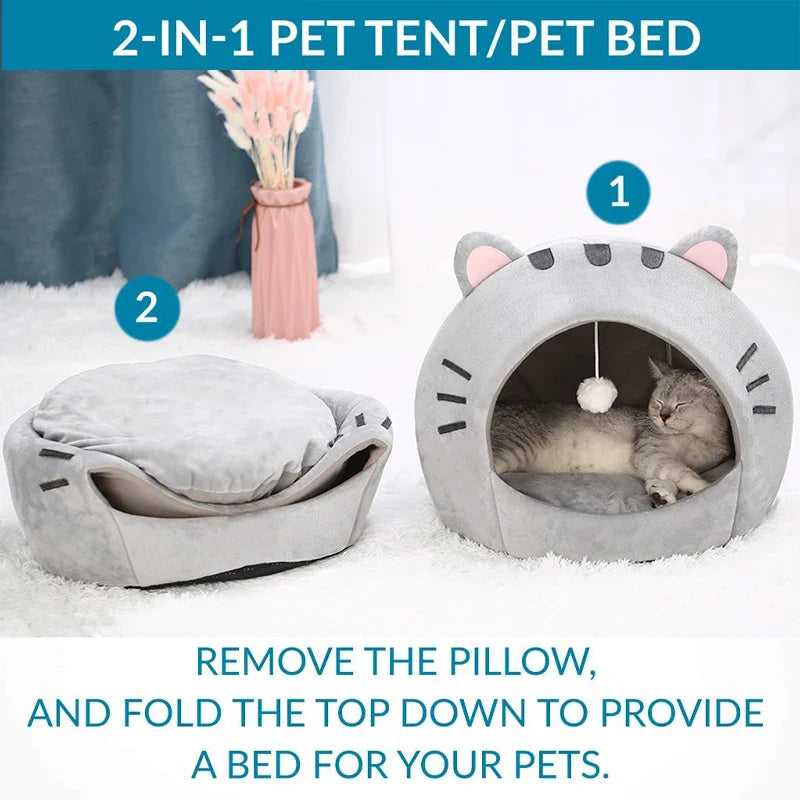 Cute and Cozy Cat Shaped Bed Includes Interactive Toy - Cat  - (S,M, Big) - (Grey) - (While Supplies Last)
