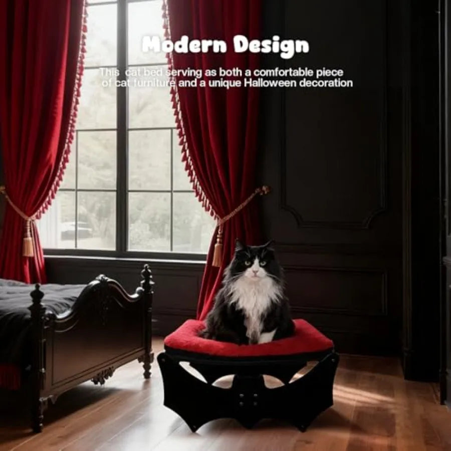 Elevated Wooden Gothic Cat Bed with Bat Design - Cat