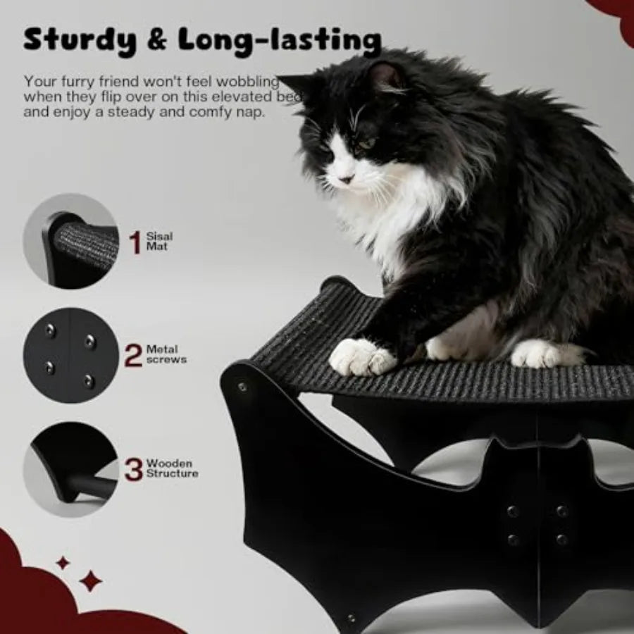 Elevated Wooden Gothic Cat Bed with Bat Design - Cat