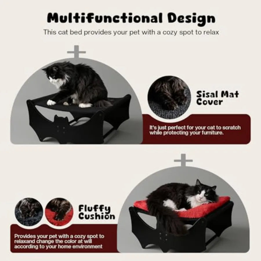 Elevated Wooden Gothic Cat Bed with Bat Design - Cat