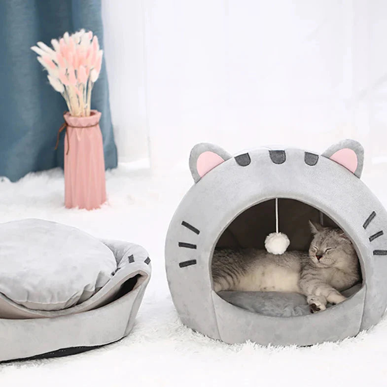Cute and Cozy Cat Shaped Bed Includes Interactive Toy - Cat  - (S,M, Big) - (Grey) - (While Supplies Last)