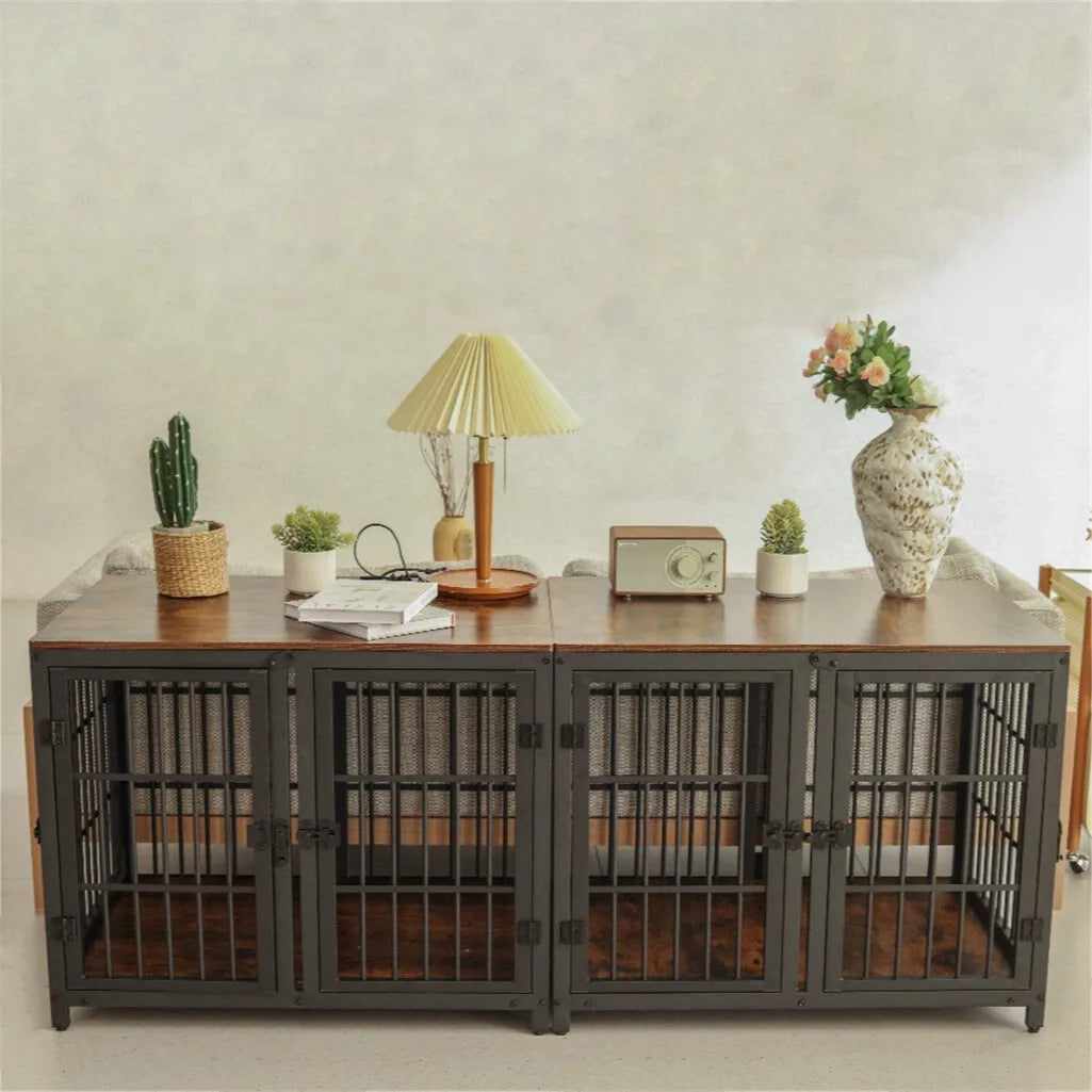 Spacious Furniture Crate Enclosure with Removable Divider - 2 Dogs  - (Black) - (Metal + Wood) - (While Supplies Last)
