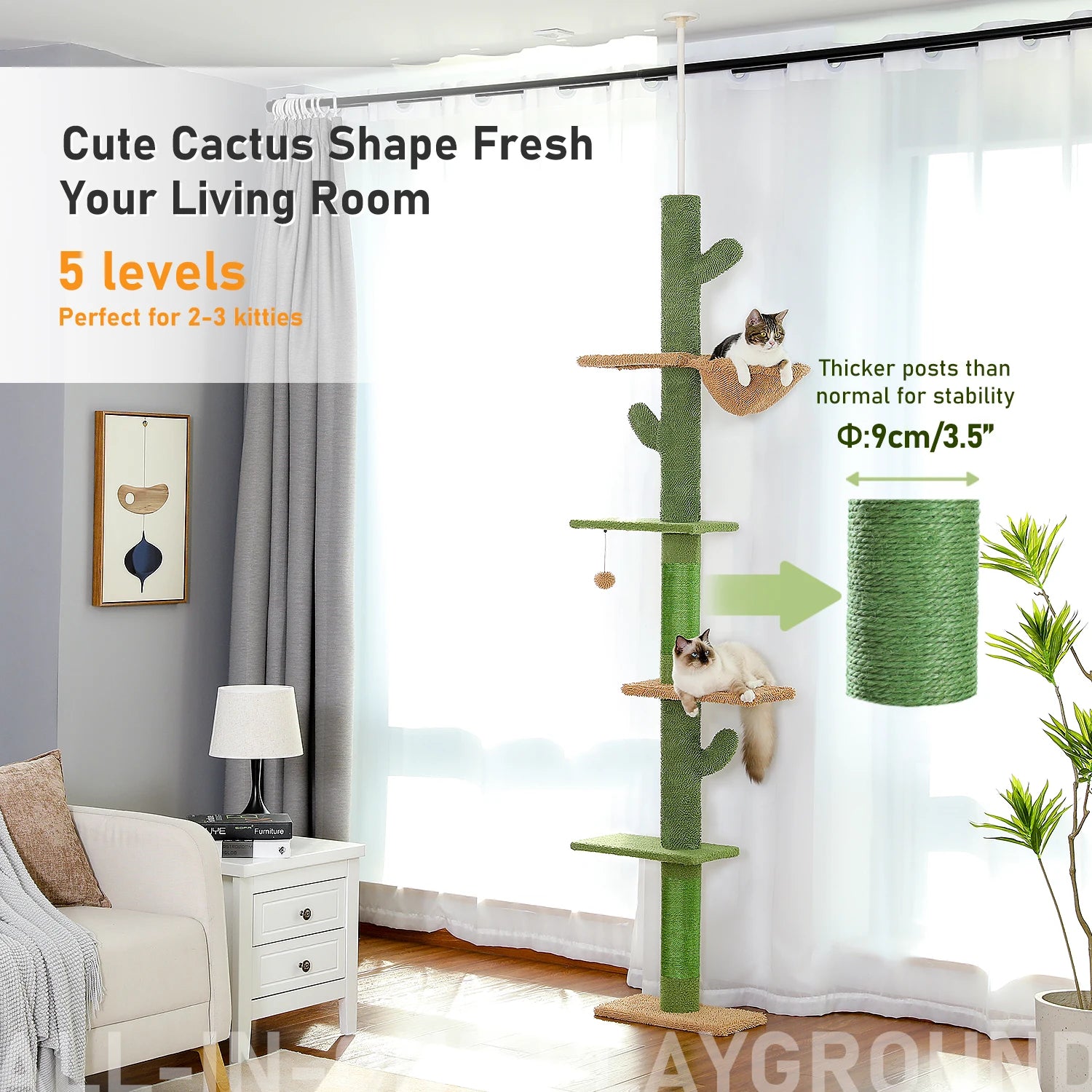 5-Tier Floor to Ceiling Cat Cactus Tree, Perches, Hammock