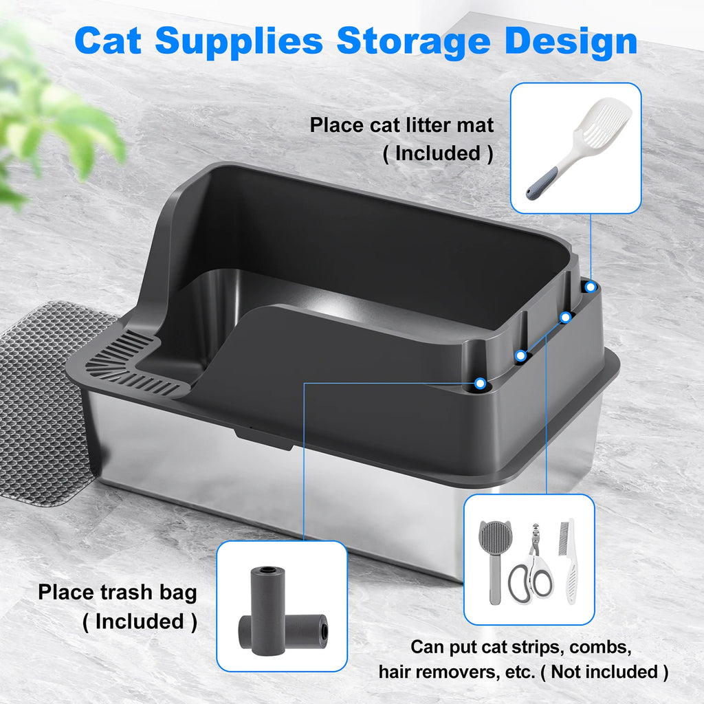 Splash-proof and Leak-proof Semi-Closed Litter Box - Cat - (XL) - (Stainless Steel) - (3 Color Options)