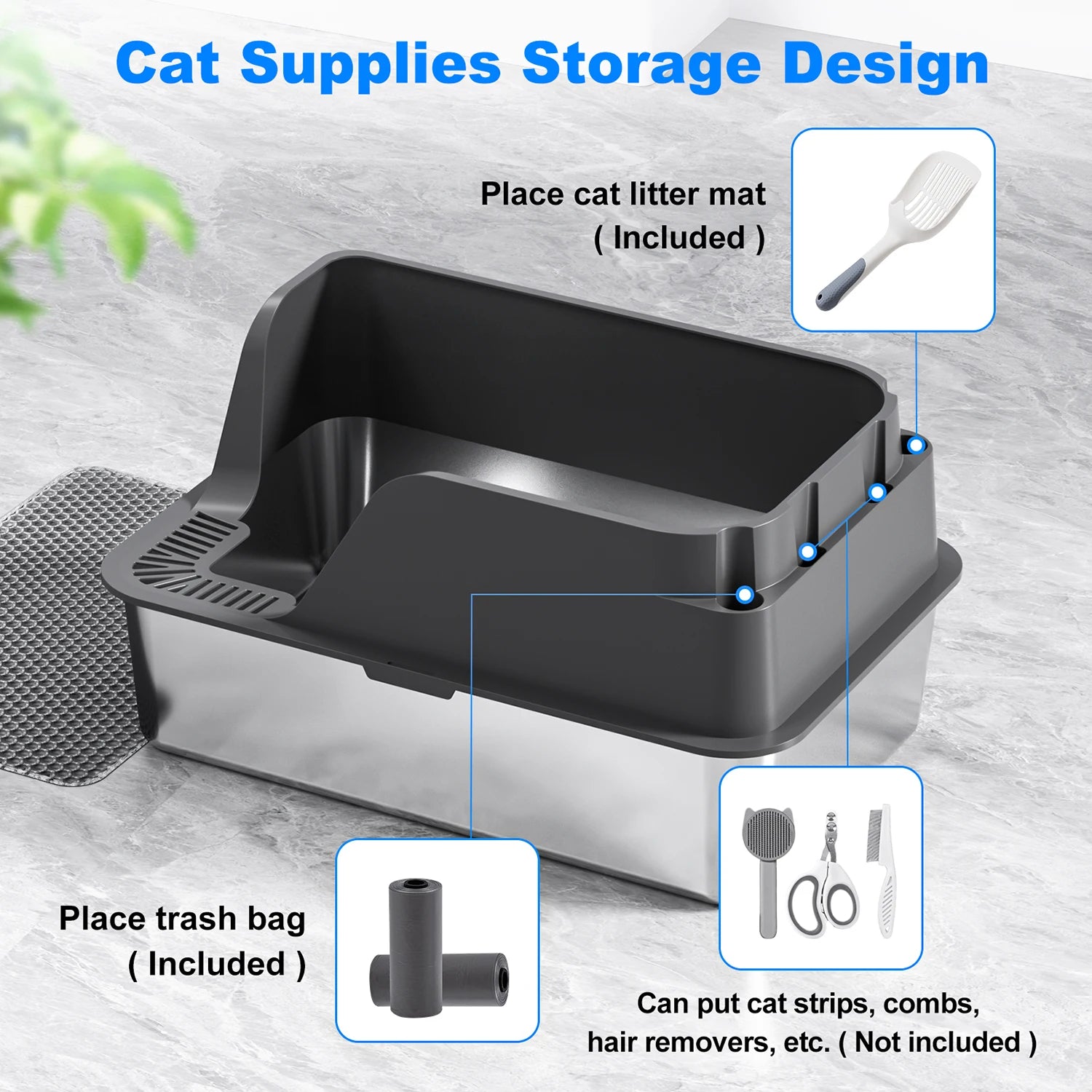 Splash-proof and Leak-proof Semi-Closed Litter Box - Cat - (XL) - (Stainless Steel) - (3 Color Options)