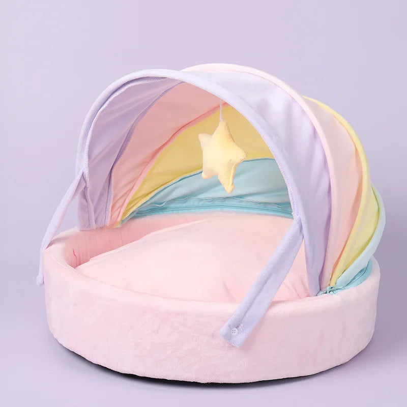 Pastel Cozy Rainbow Canopy Bed with Star-Shaped Toy  - Cat   - (45*45*32 cm) - (While Supplies Last)