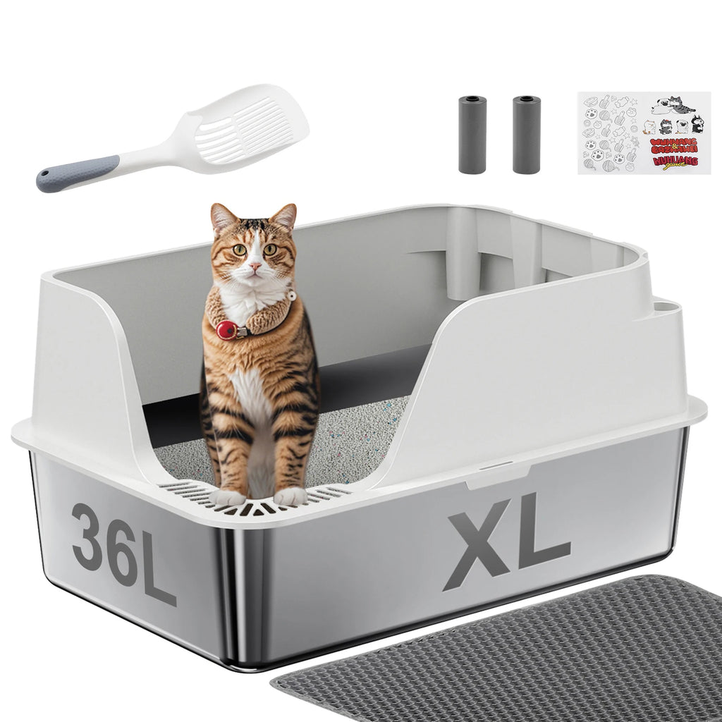 Splash-proof and Leak-proof Semi-Closed Litter Box - Cat - (XL) - (Stainless Steel) - (3 Color Options)