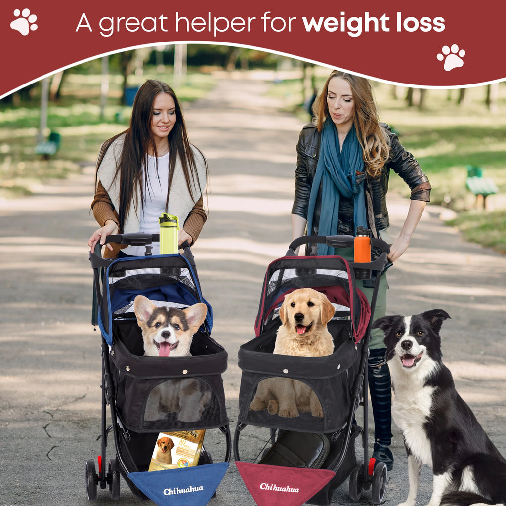 3 Wheels Pet Stroller and Carrier with Mesh Canopy - Dog Cat - (6 Color Options) - (M)