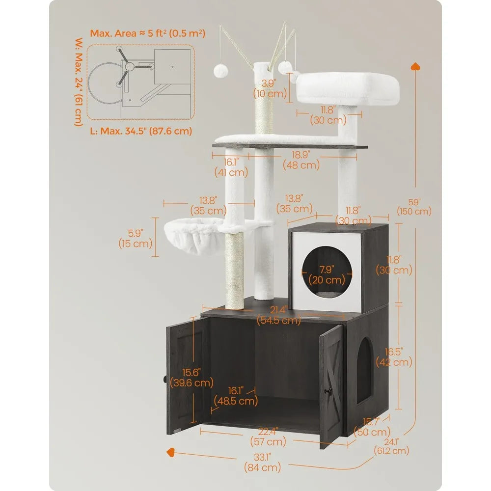 2-in-1 Cat Tree and Condo with Litter Box Enclosure - Cat - (59-Inch) - (Scratching Posts) - (4 Color Options)