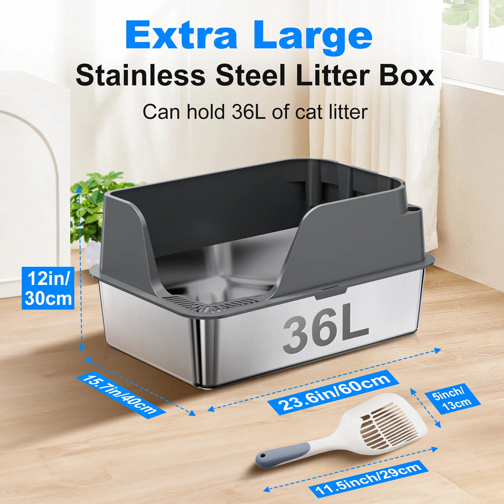 Splash-proof and Leak-proof Semi-Closed Litter Box - Cat - (XL) - (Stainless Steel) - (3 Color Options)