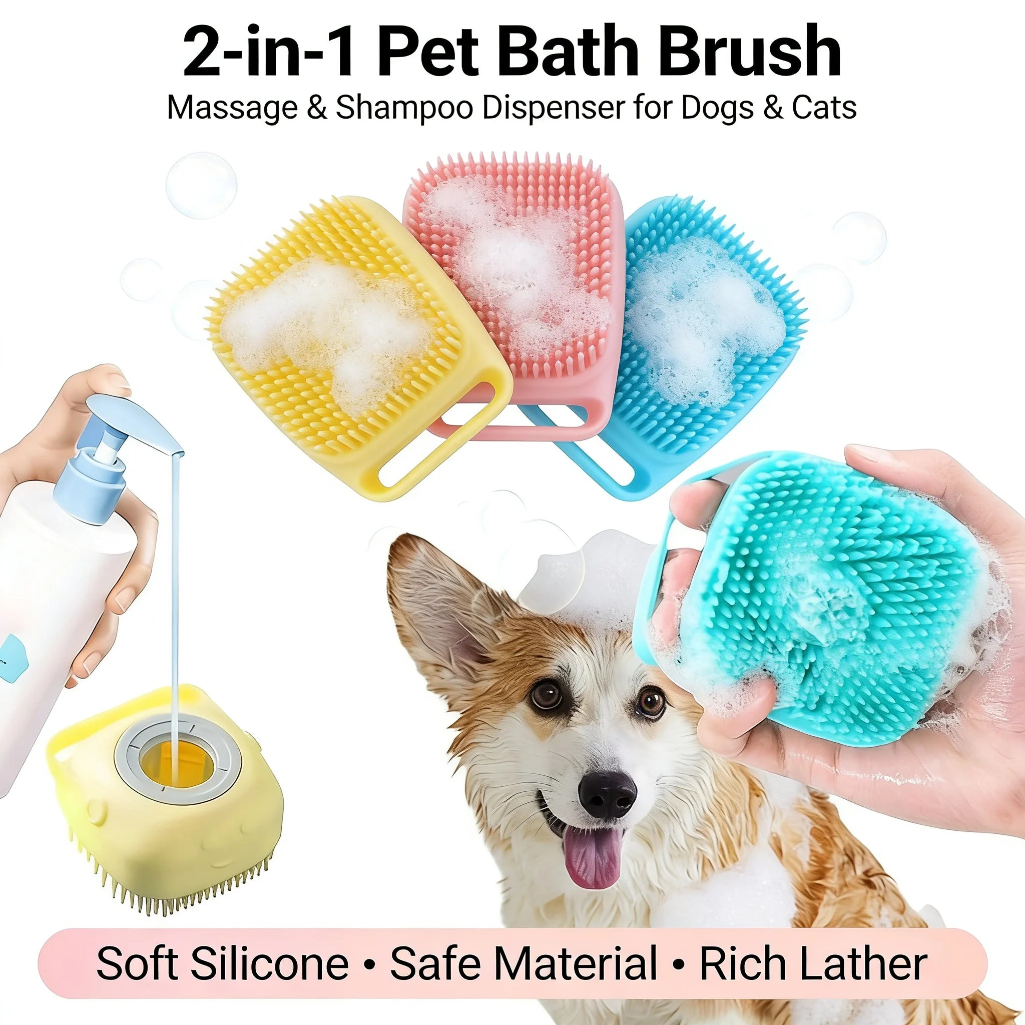 Bath and Massage Brush With Shampoo Storage - Dog Cat - (2-in-1) - (3 Color Options) - (While Supplies Last)