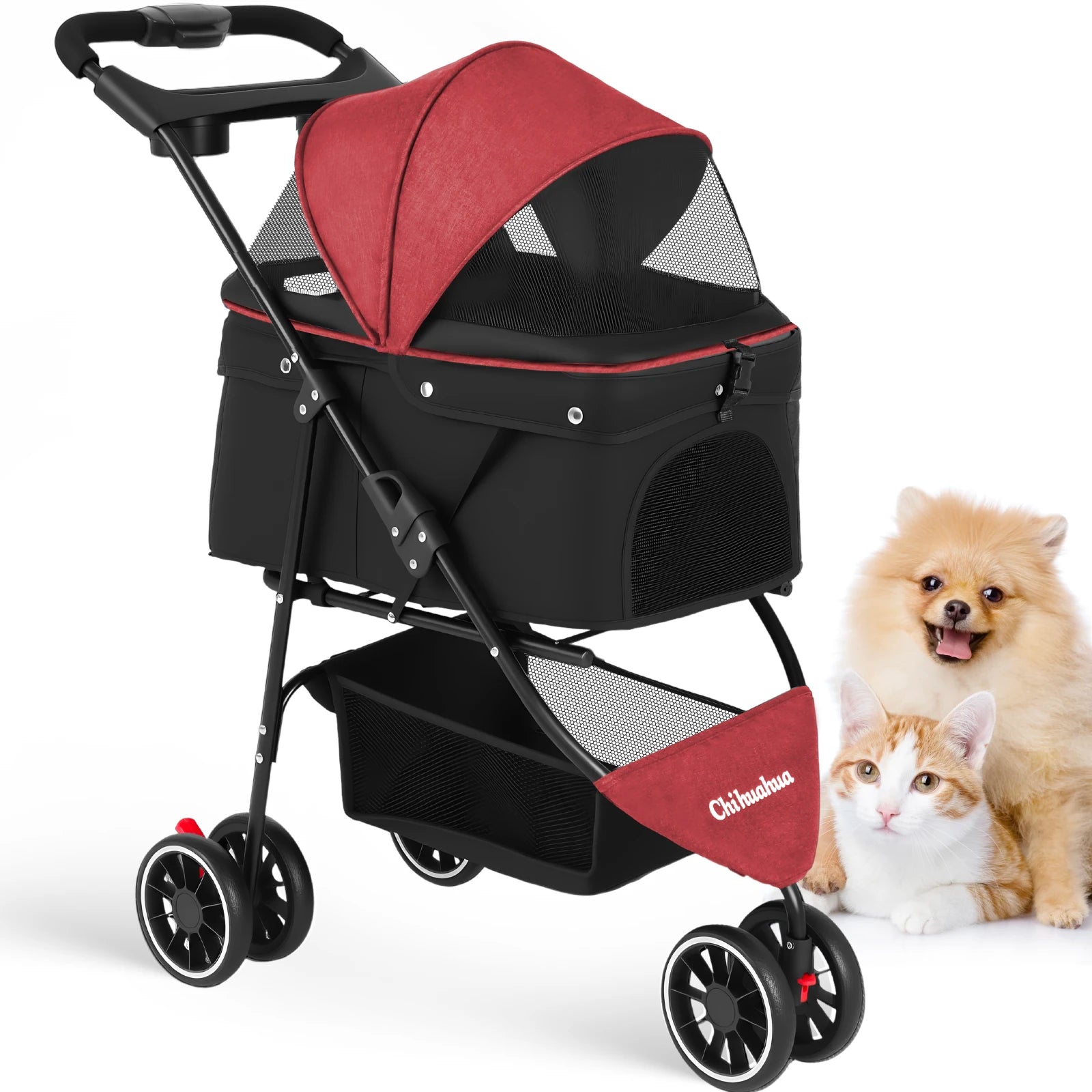 Portable Travel Pet Stroller - Dog Cat - (5 Color Options) - (M) - (Lightweight) - (Mesh Window Ventilation)