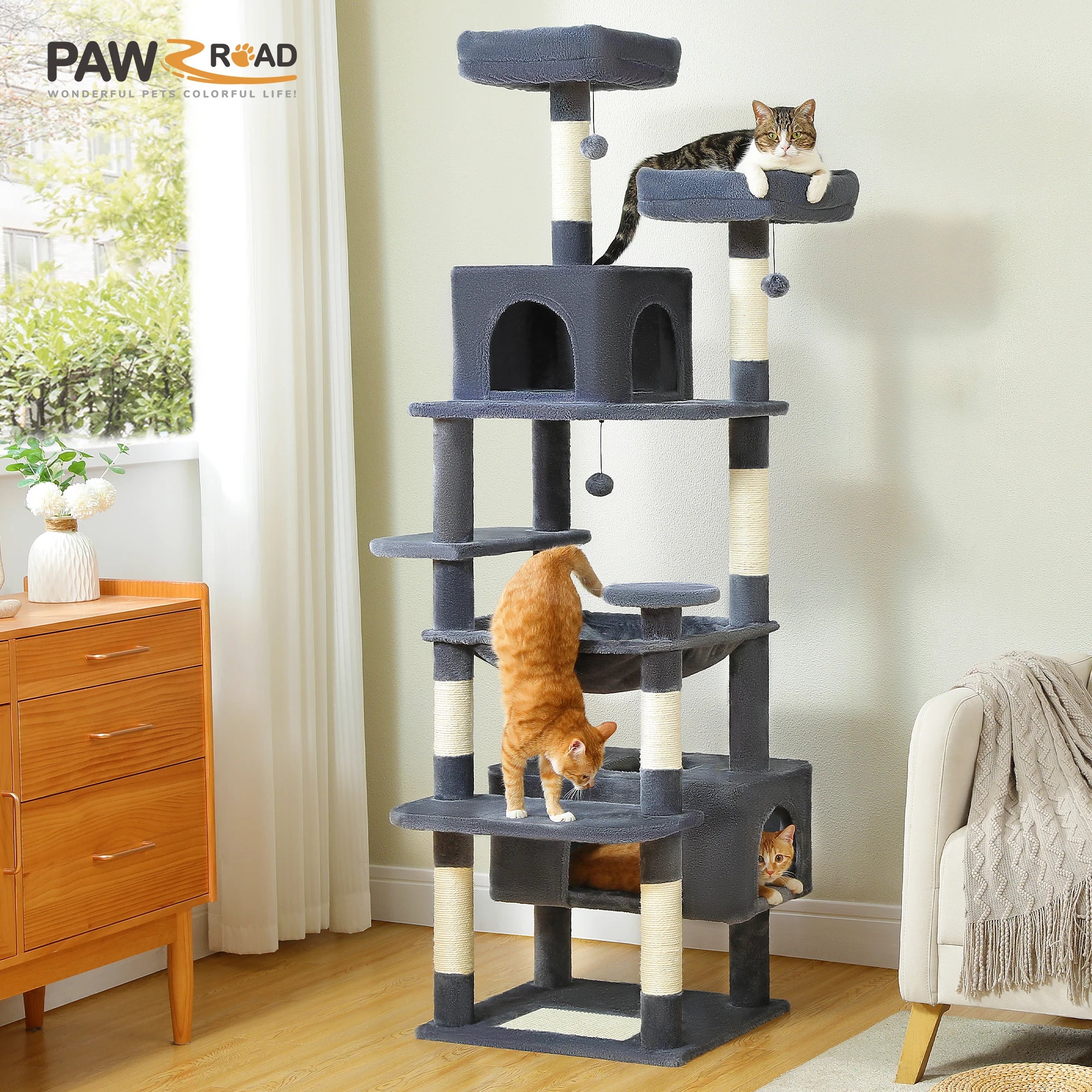 Tall Multi-level Cat Tree Tower With Scratching Posts, Hammock, and Perches