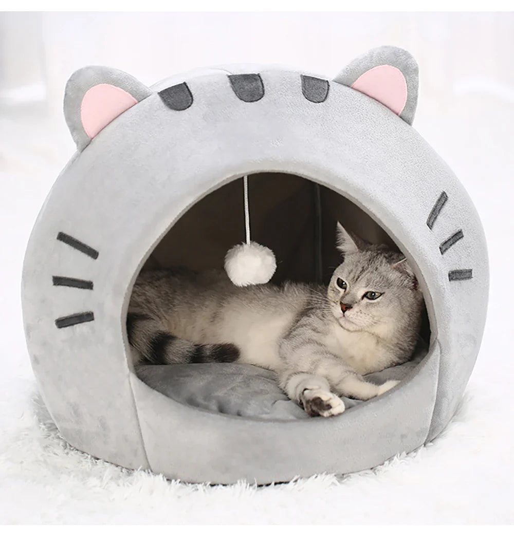 Cute and Cozy Cat Shaped Bed Includes Interactive Toy - Cat  - (S,M, Big) - (Grey) - (While Supplies Last)