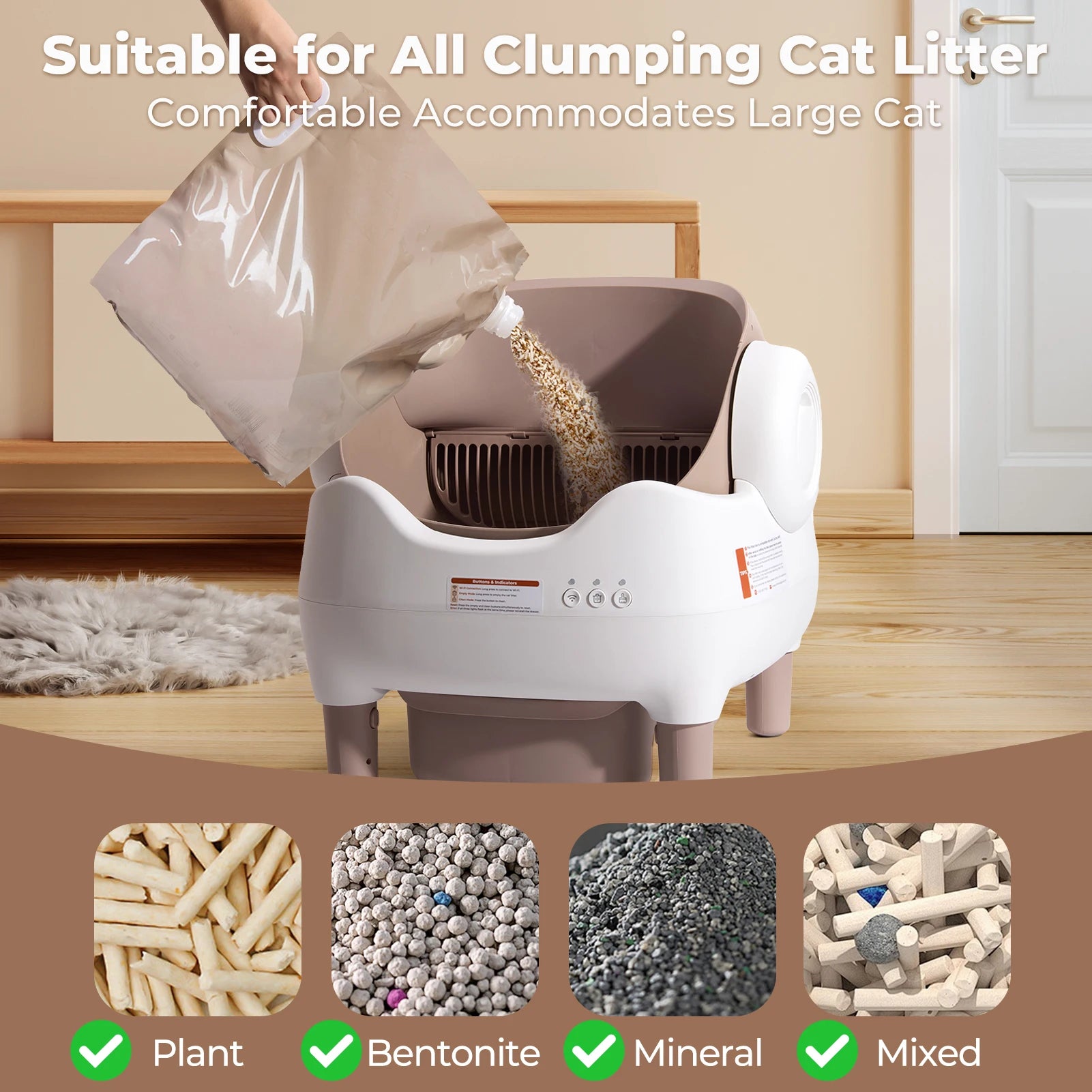 Automatic Self-Cleaning Robot Litter Box with App Control - Cat - (Open Top) - (10 L Bin) - (White & Khaki)