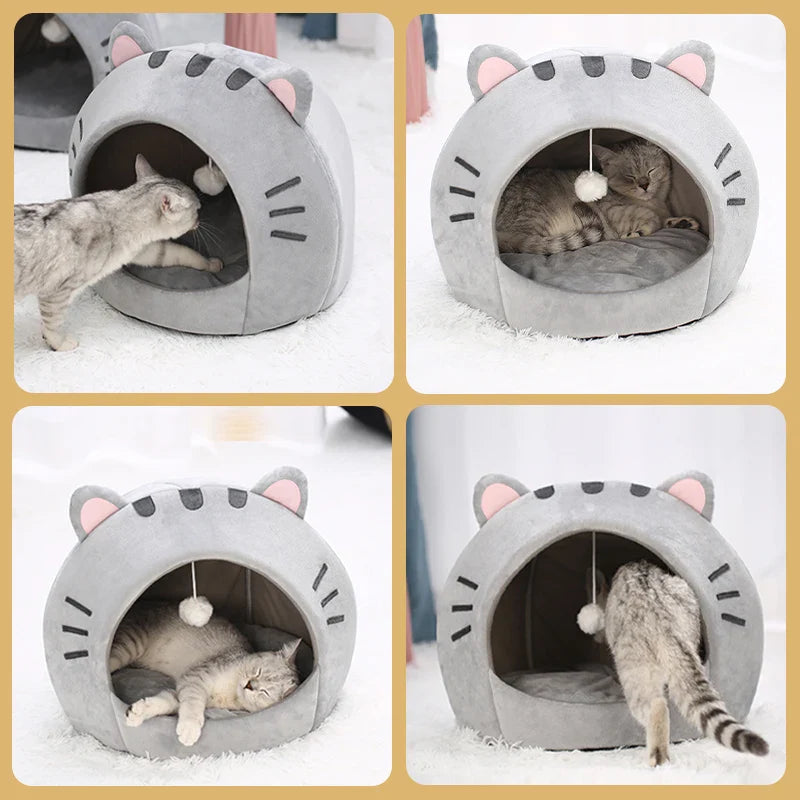 Cute and Cozy Cat Shaped Bed Includes Interactive Toy - Cat  - (S,M, Big) - (Grey) - (While Supplies Last)