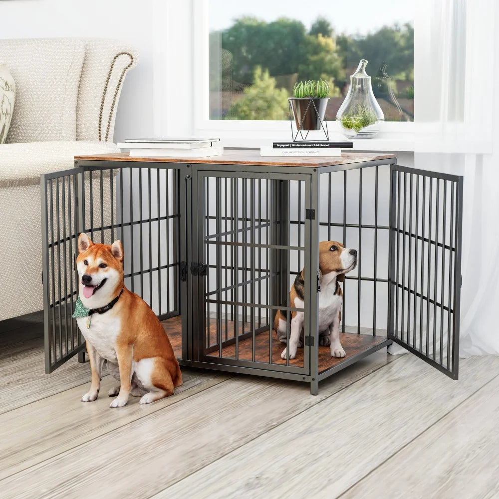 Spacious Furniture Crate Enclosure with Removable Divider - 2 Dogs  - (Black) - (Metal + Wood) - (While Supplies Last)
