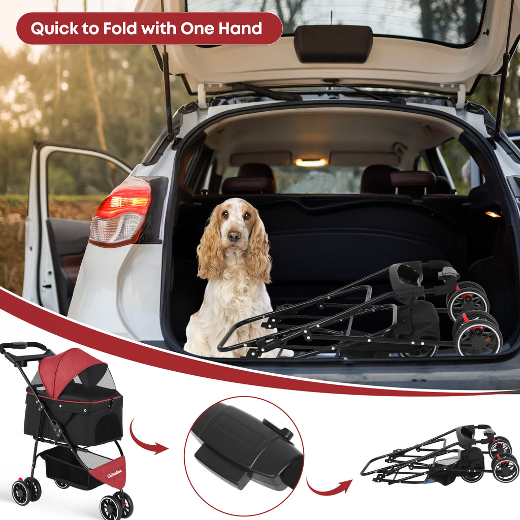 3 Wheels Pet Stroller and Carrier with Mesh Canopy - Dog Cat - (6 Color Options) - (M)