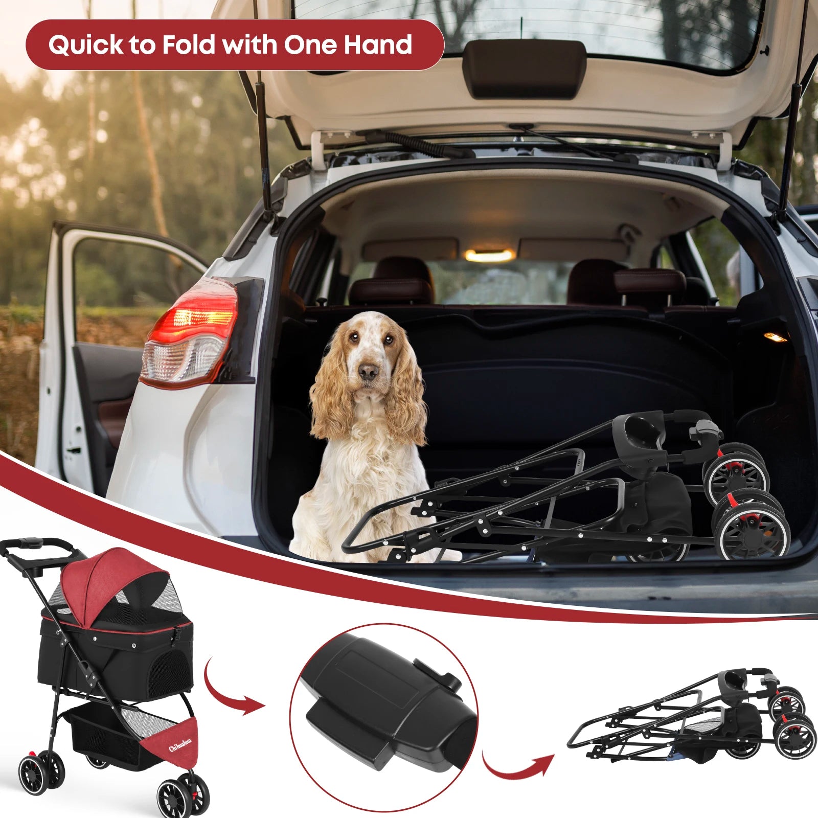 3 Wheels Pet Stroller and Carrier with Mesh Canopy - Dog Cat - (6 Color Options) - (M)