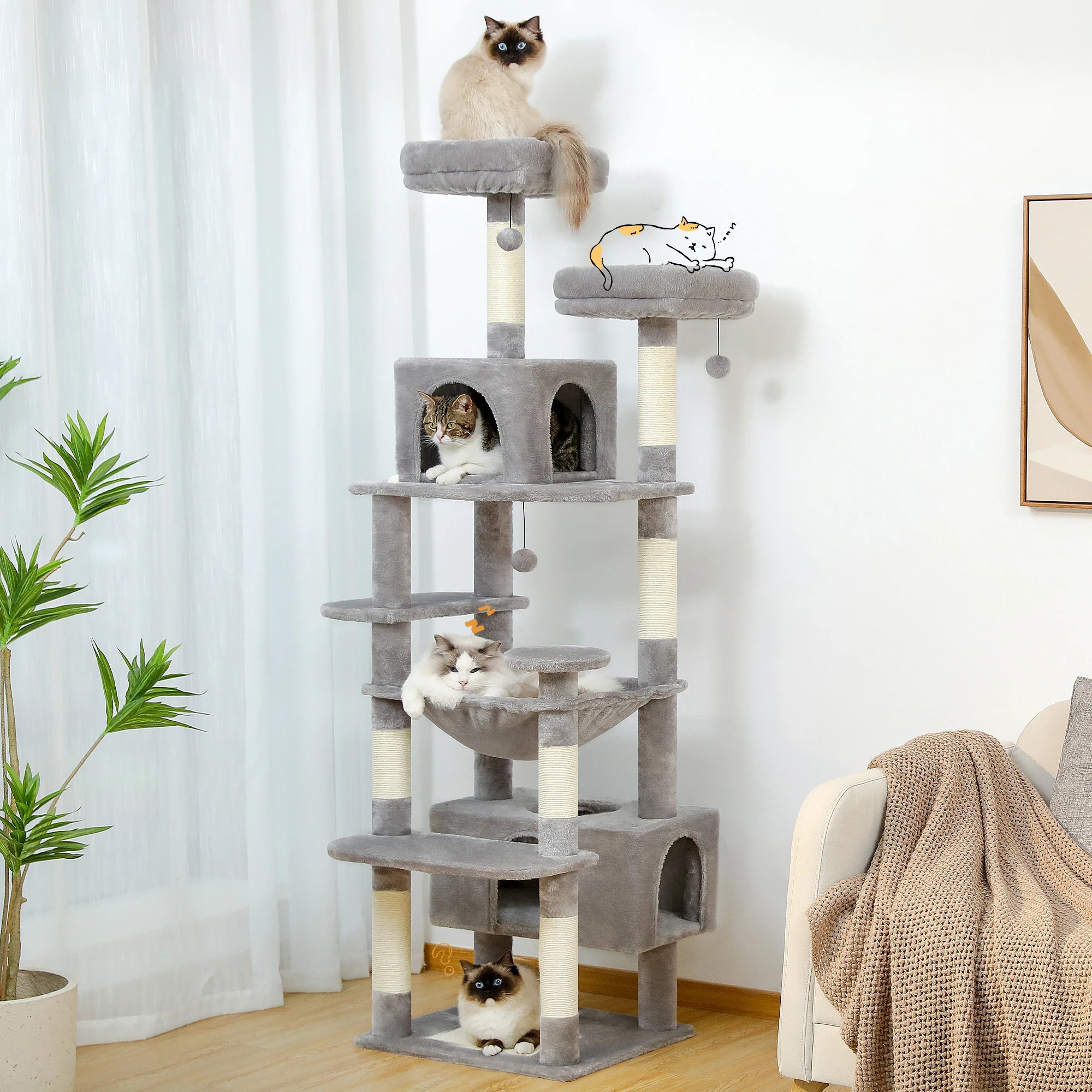 Tall Multi-level Cat Tree Tower With Scratching Posts, Hammock, and Perches