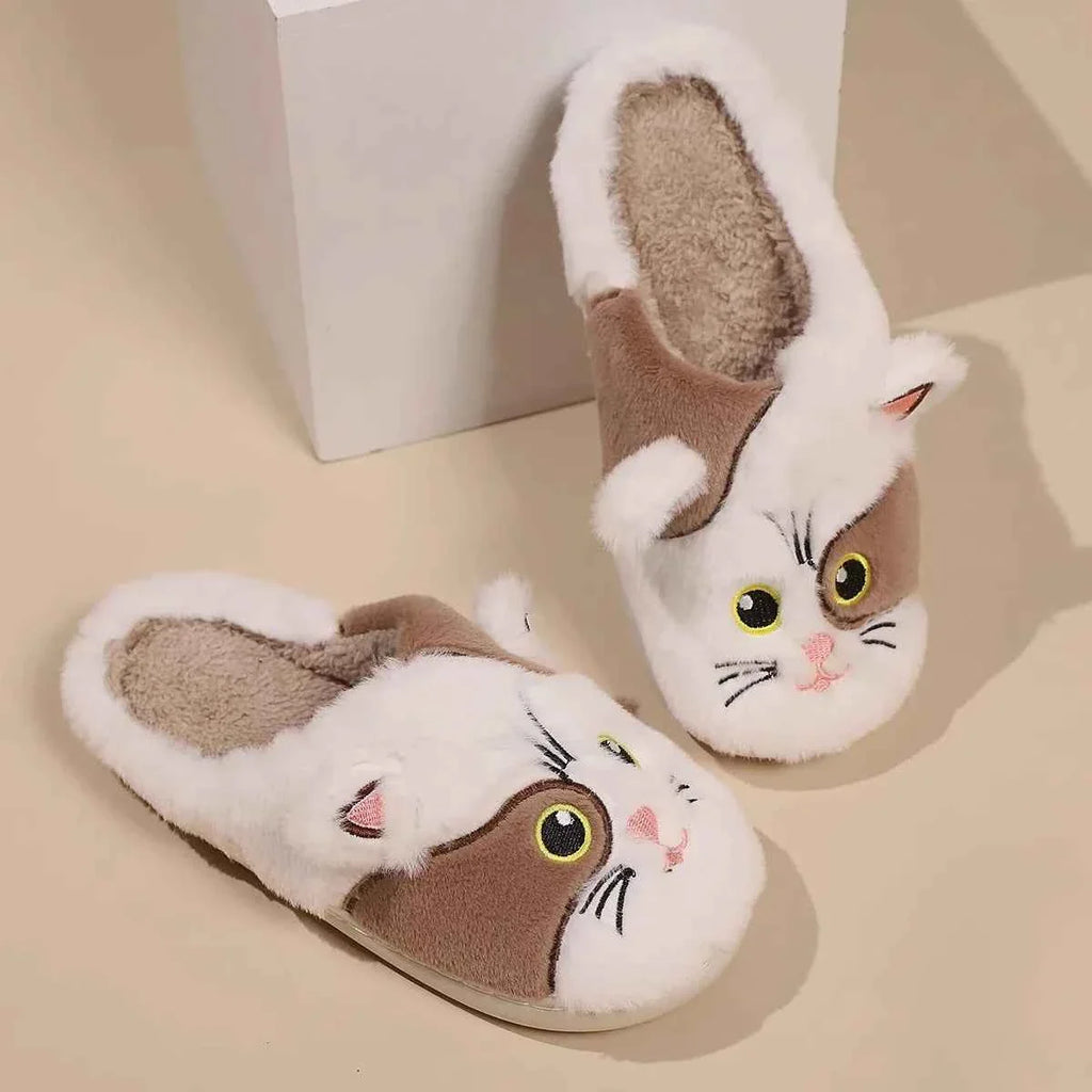 Waterproof Autumn Cat Slippers - (Khaki & White, Black & White) - (5 Shoe Sizes) - Ladies