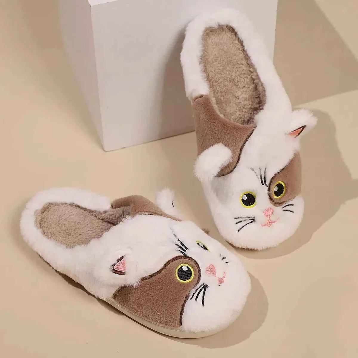 Waterproof Autumn Cat Slippers - (Khaki & White, Black & White) - (5 Shoe Sizes) - Ladies