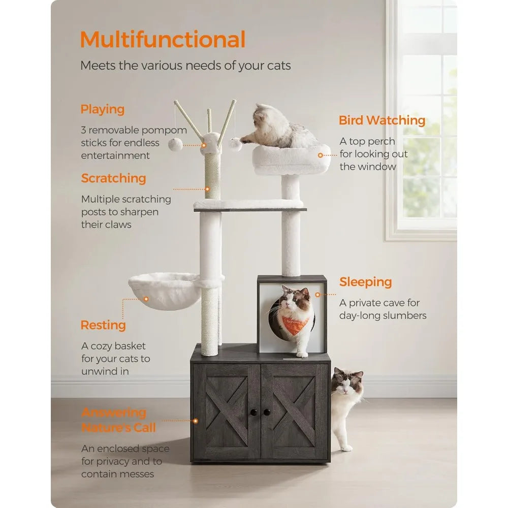 2-in-1 Cat Tree and Condo with Litter Box Enclosure - Cat - (59-Inch) - (Scratching Posts) - (4 Color Options)