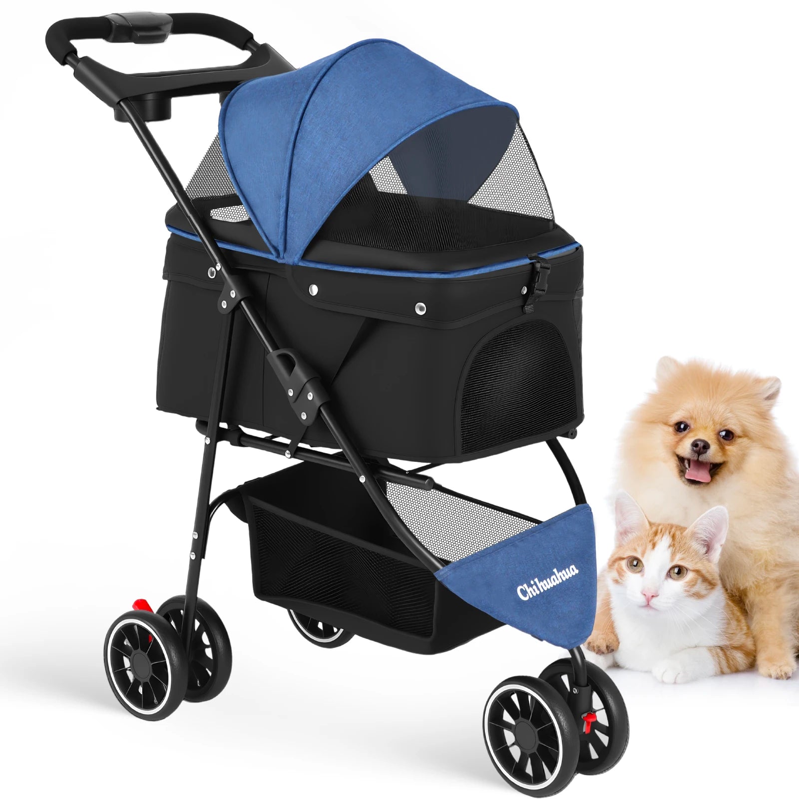 3 Wheels Pet Stroller and Carrier with Mesh Canopy - Dog Cat - (6 Color Options) - (M)