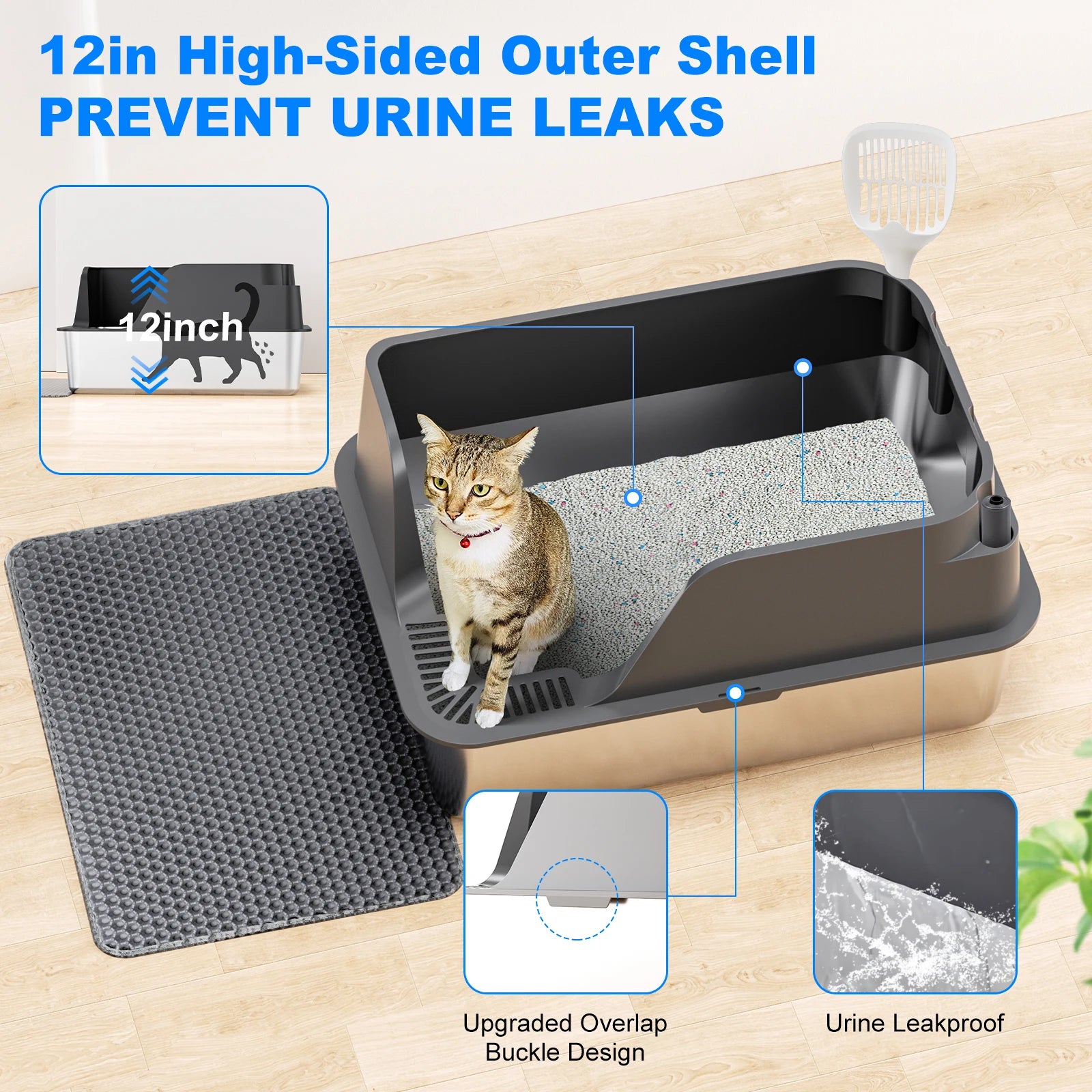 Splash-proof and Leak-proof Semi-Closed Litter Box - Cat - (XL) - (Stainless Steel) - (3 Color Options)