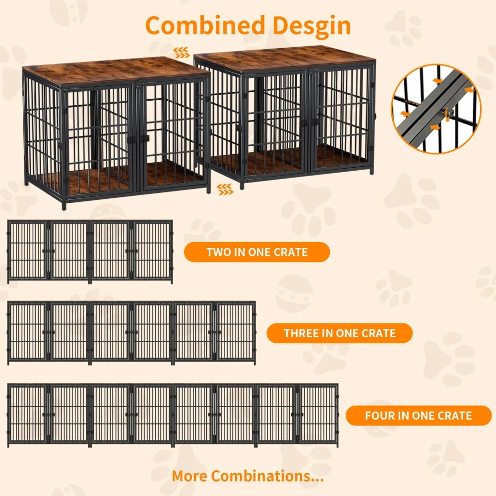 Spacious Furniture Crate Enclosure with Removable Divider - 2 Dogs  - (Black) - (Metal + Wood) - (While Supplies Last)
