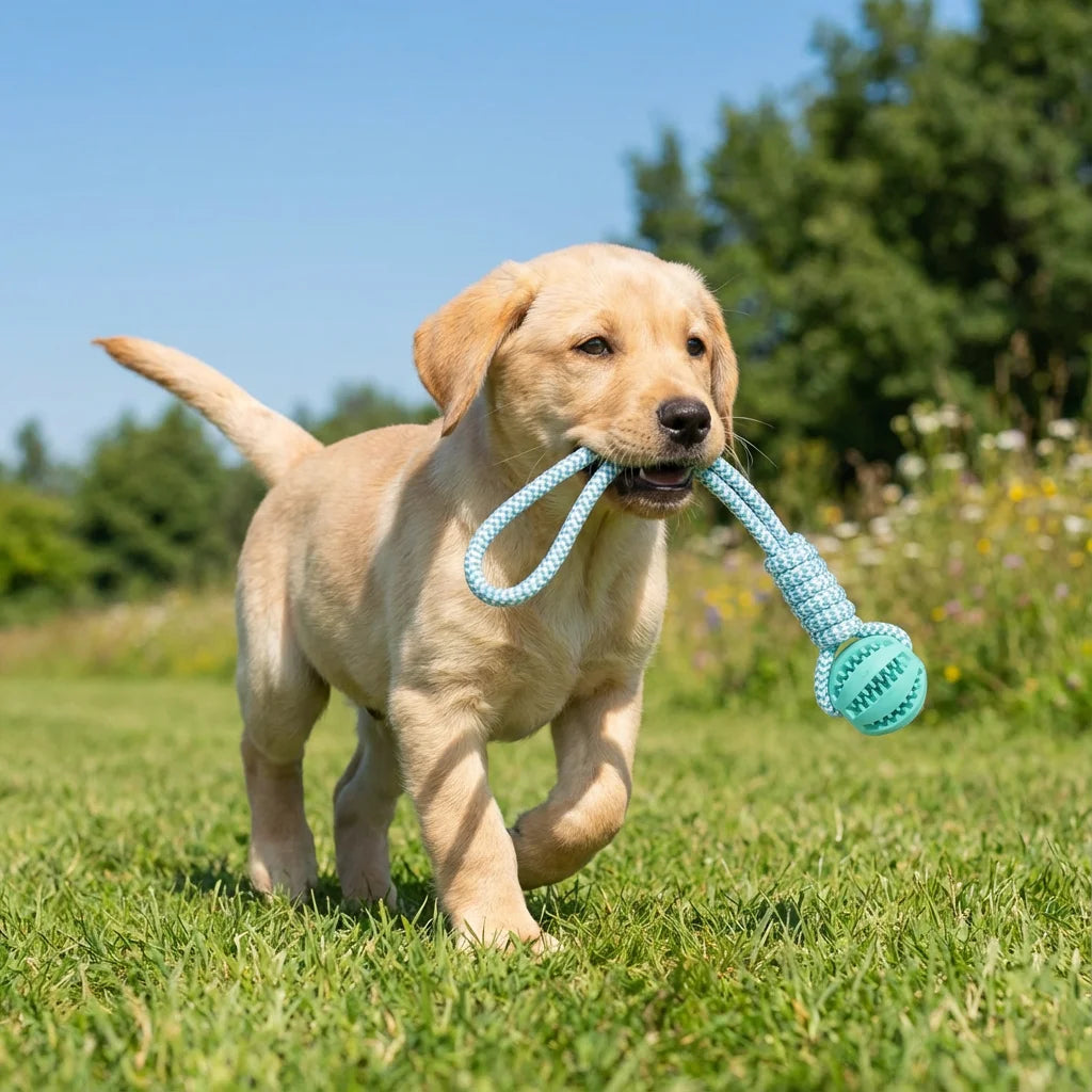 Dog Rope & Rubber Teething Ball, Treat Dispenser