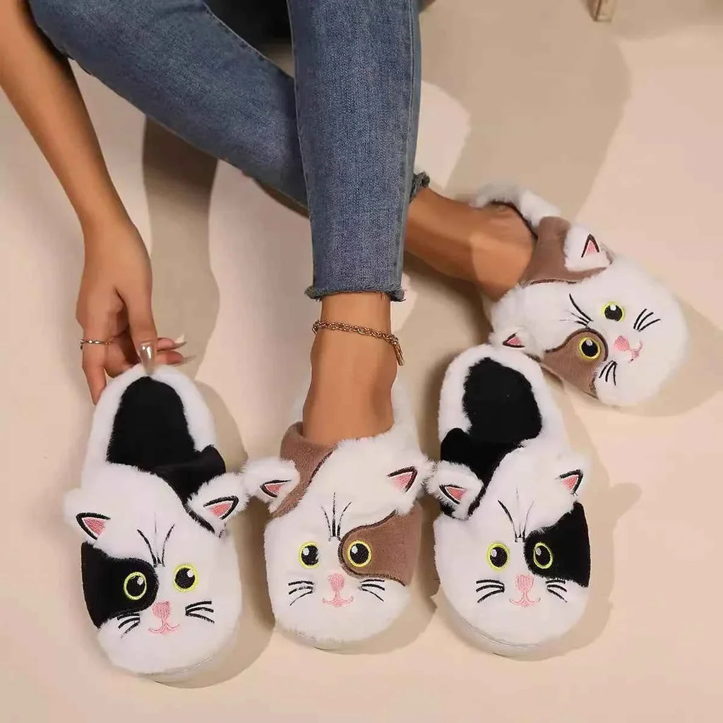 Waterproof Autumn Cat Slippers - (Khaki & White, Black & White) - (5 Shoe Sizes) - Ladies